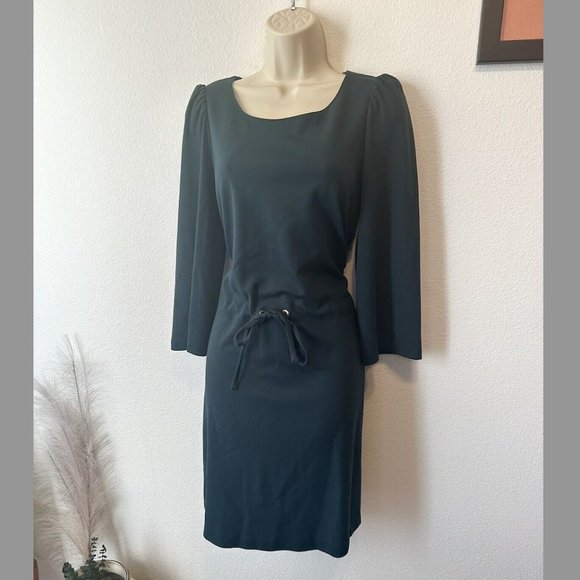 Massimo Dutti NWT S Forest Green Knee Length Dress 3/4 Sleeve Tie Waist Modest‎ - Picture 5 of 10